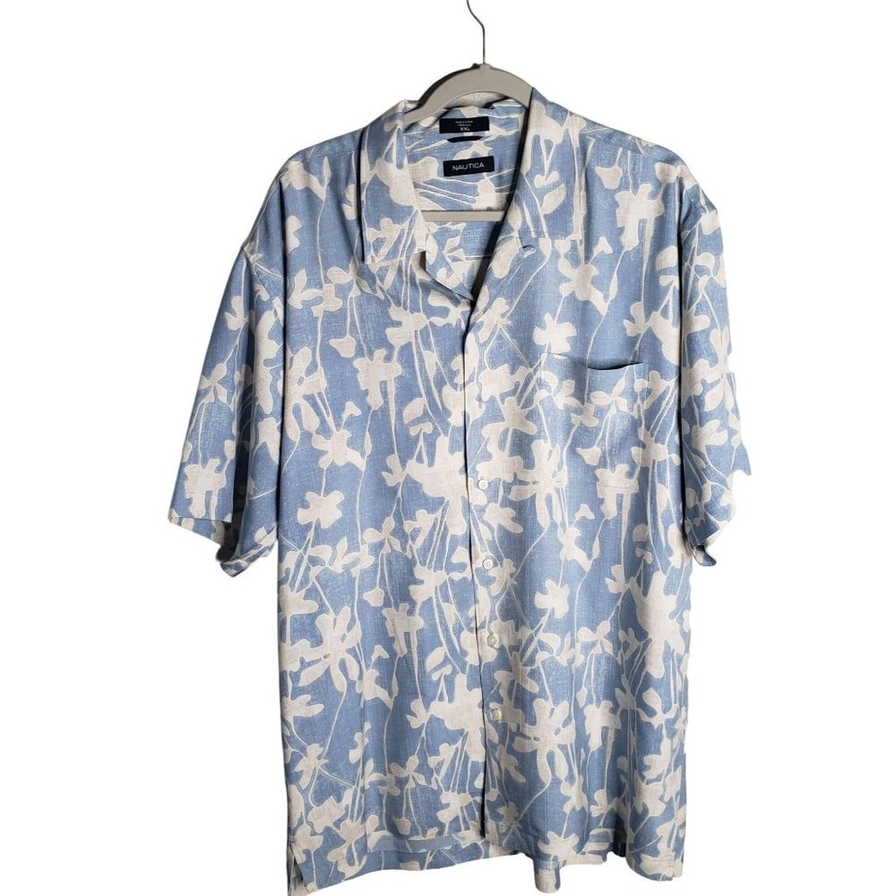 Nautica‎ Men's Hawaiian 100% Silk Shirt Size XXL Lt Blue & Cream Abstract Floral